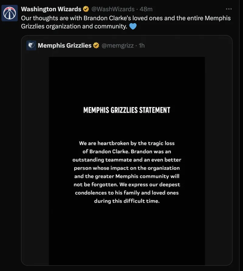 开云-奇才官方悼念布兰登-克拉克：向其亲人及灰熊社区表达慰问